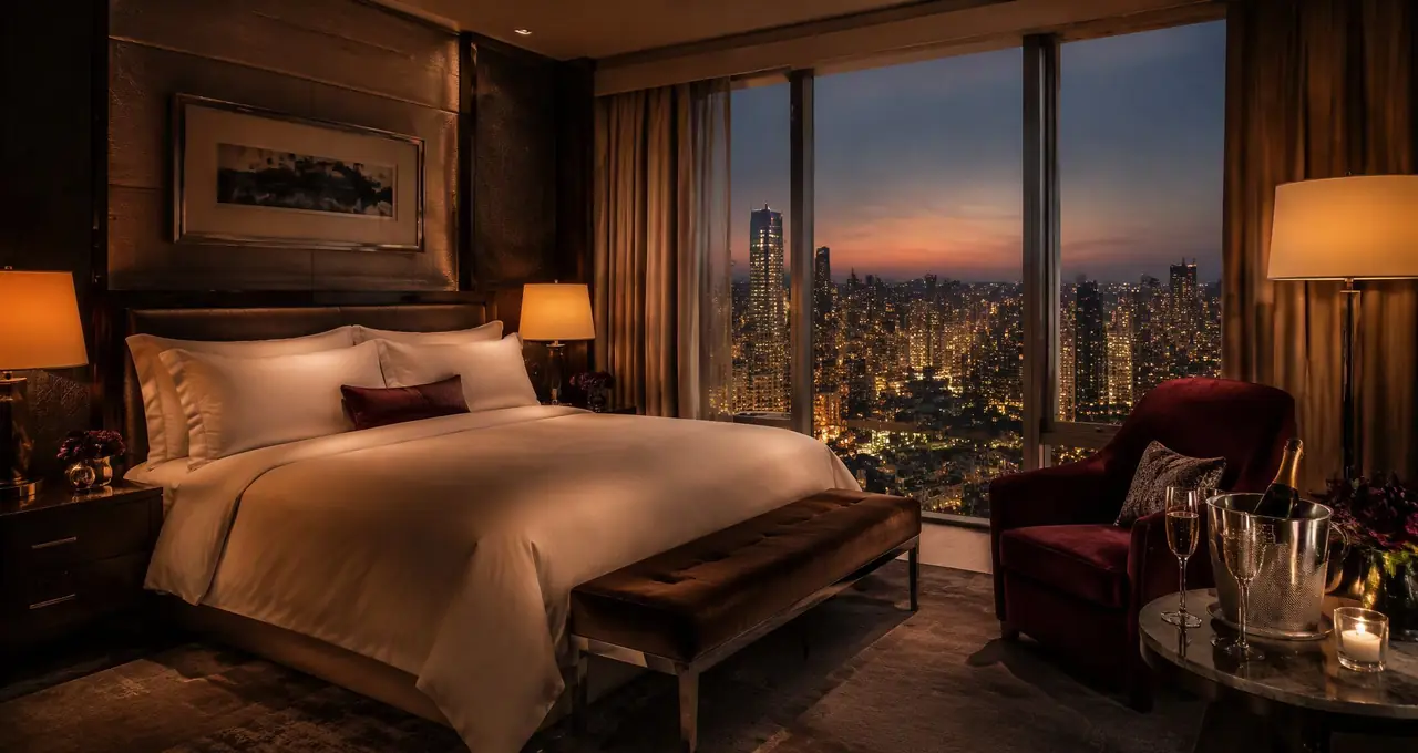 A luxurious hotel suite at dusk