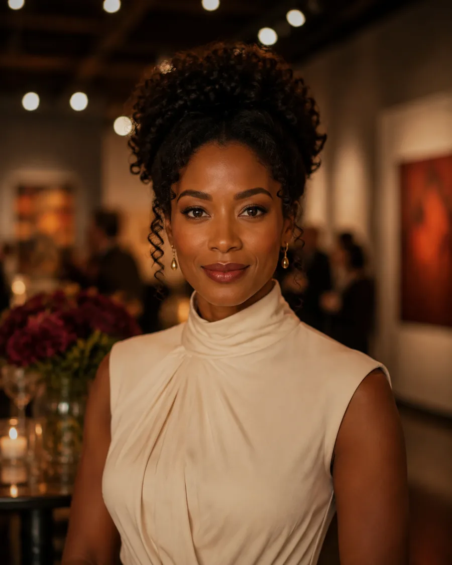 Amara in an ivory evening dress under warm light