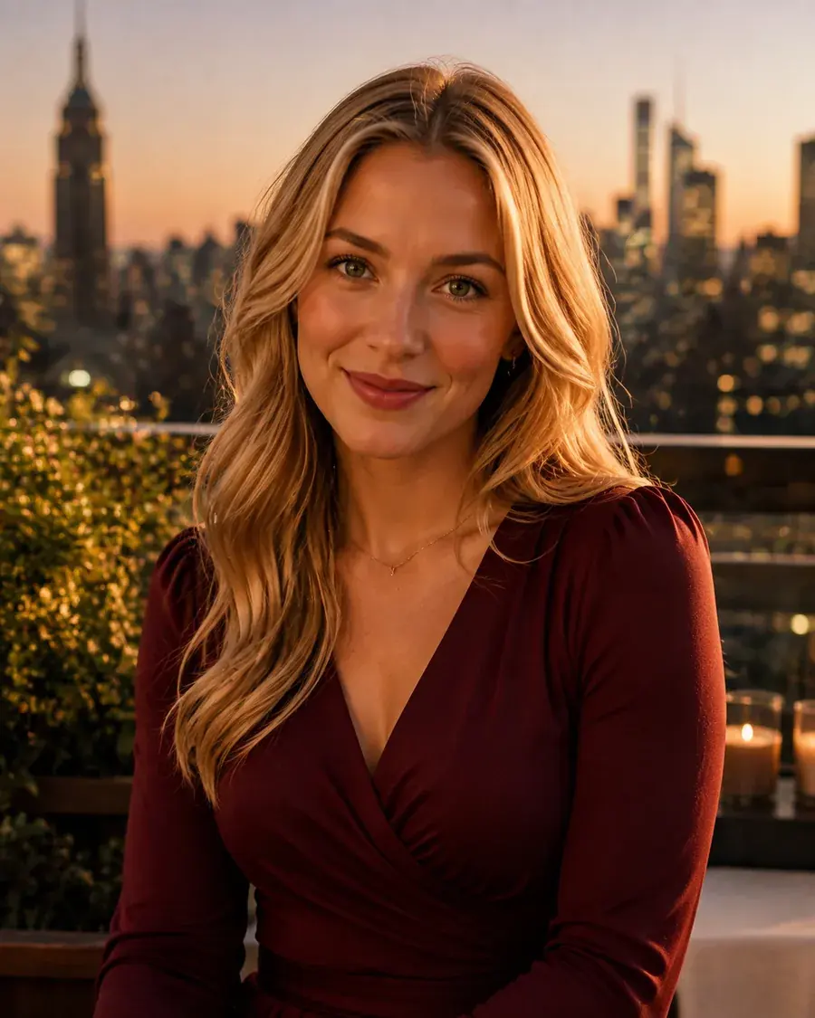 A poised young woman in golden evening light