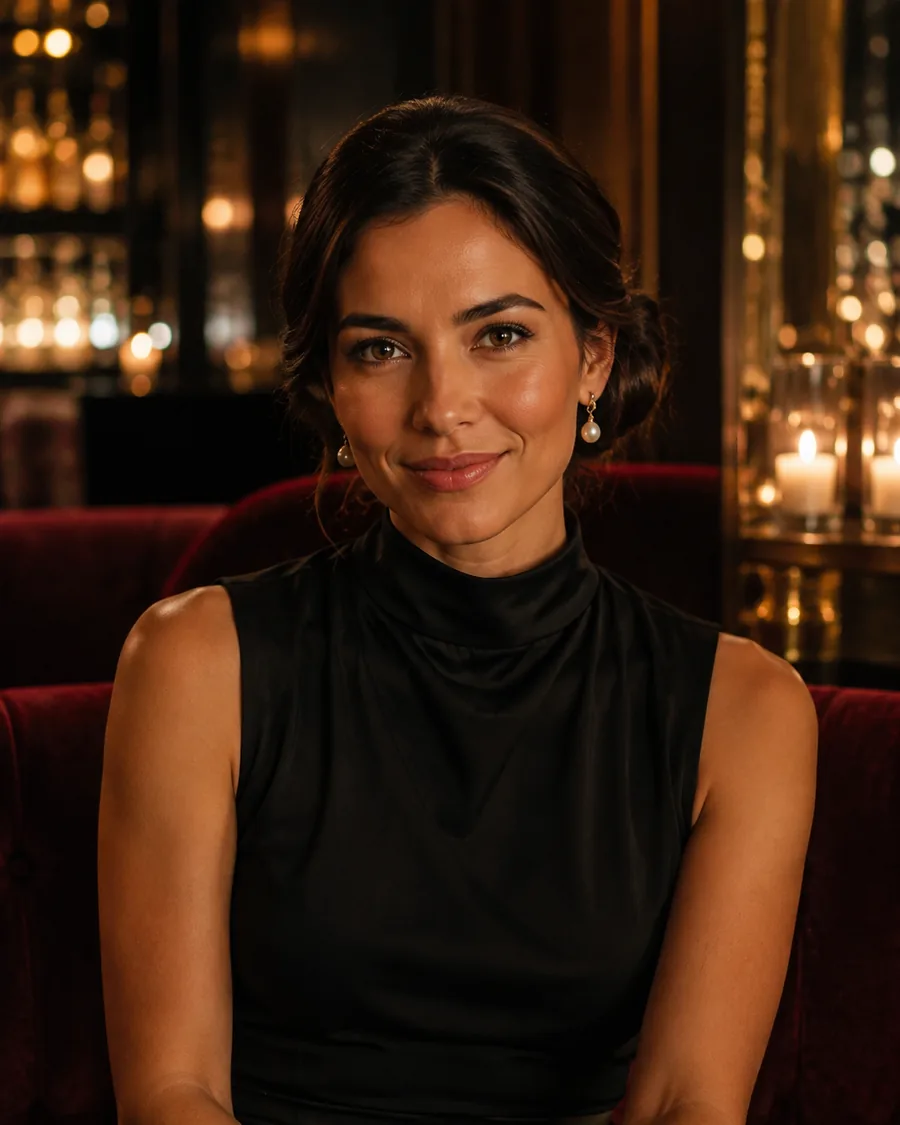 Isabelle in an elegant black evening gown with pearls