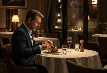A gentleman in a suit enjoying dinner at an elegant restaurant