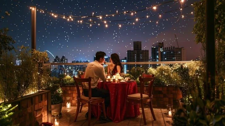 A couple at a rooftop dinner at night