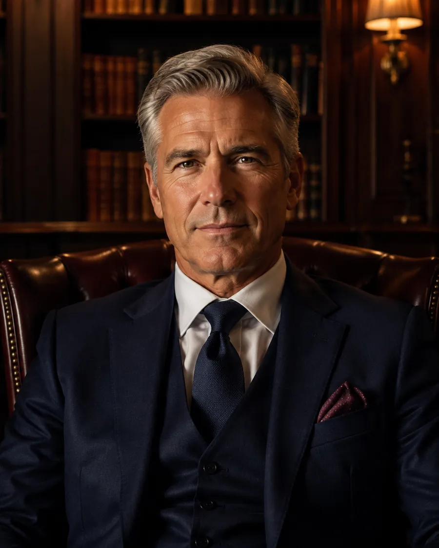 A distinguished silver-haired gentleman in a tailored suit