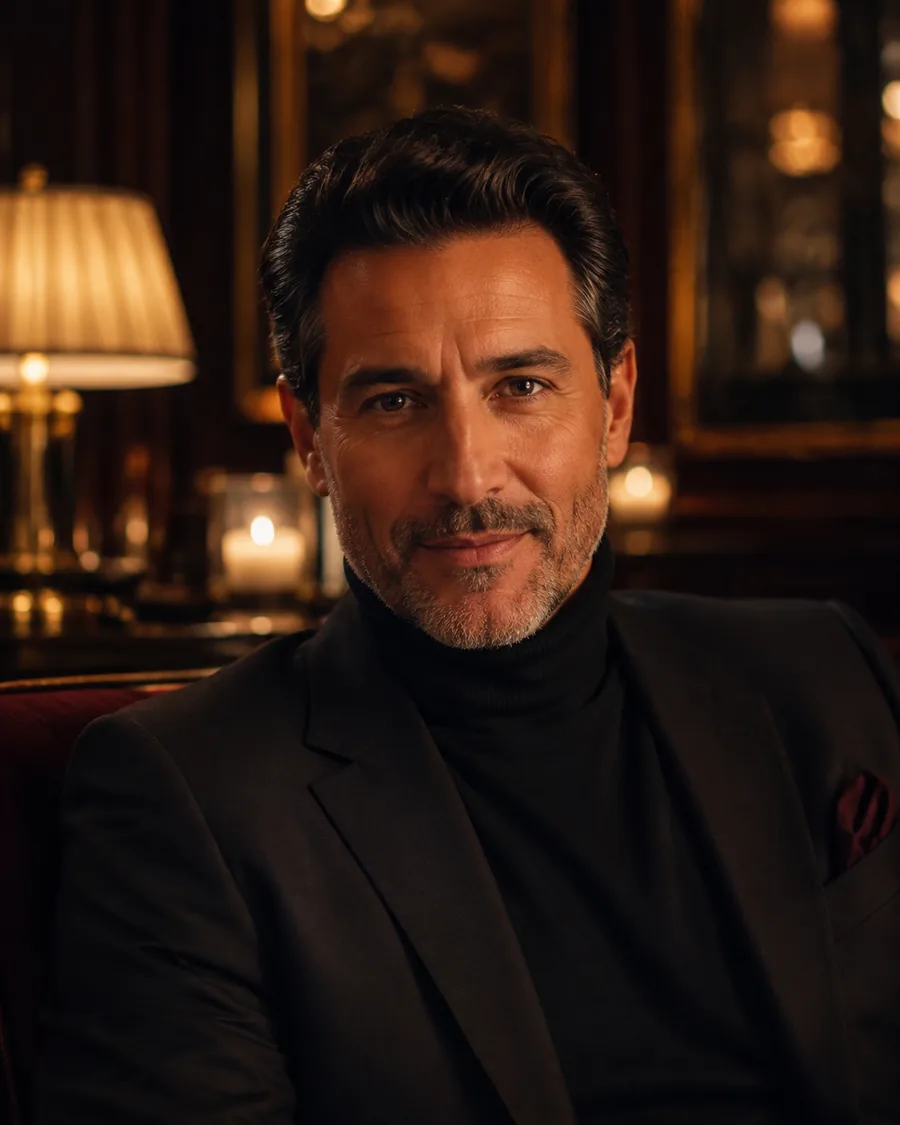 Portrait of Marcus, a confident gentleman in a black turtleneck