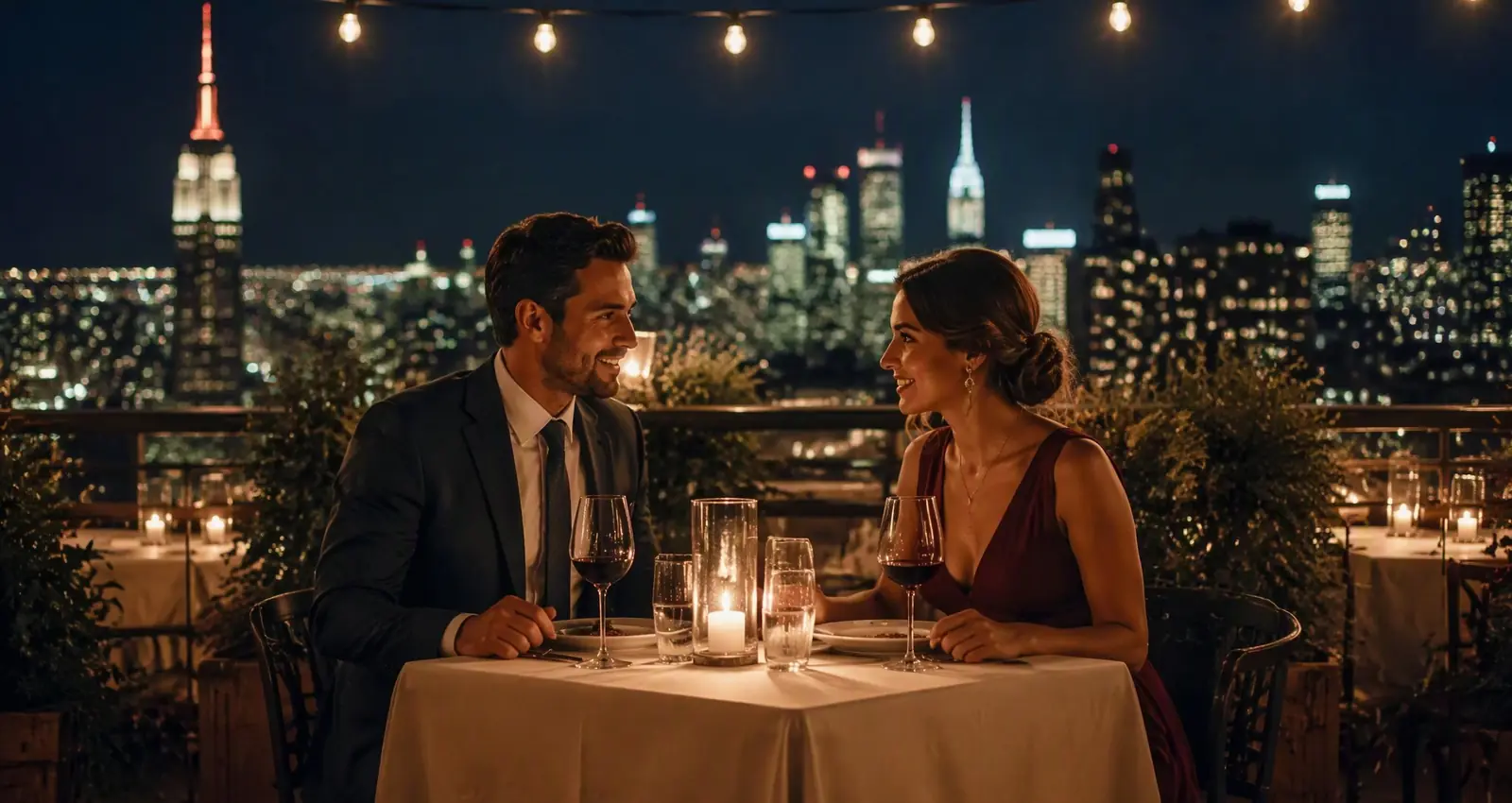 An elegant couple sharing a candlelit dinner on a rooftop terrace above the city skyline