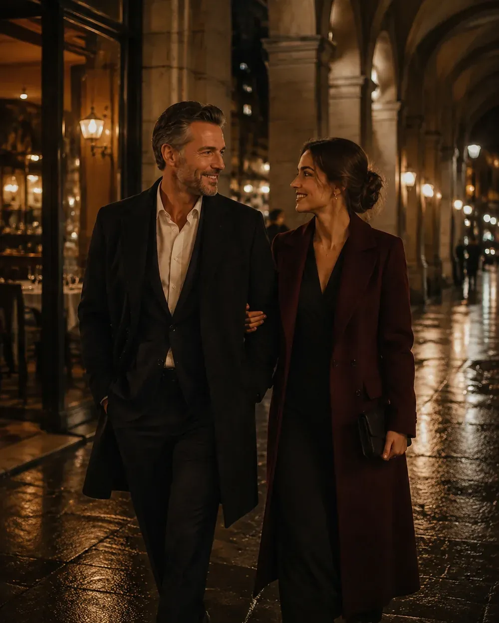 A well-dressed couple enjoying an evening walk through the city