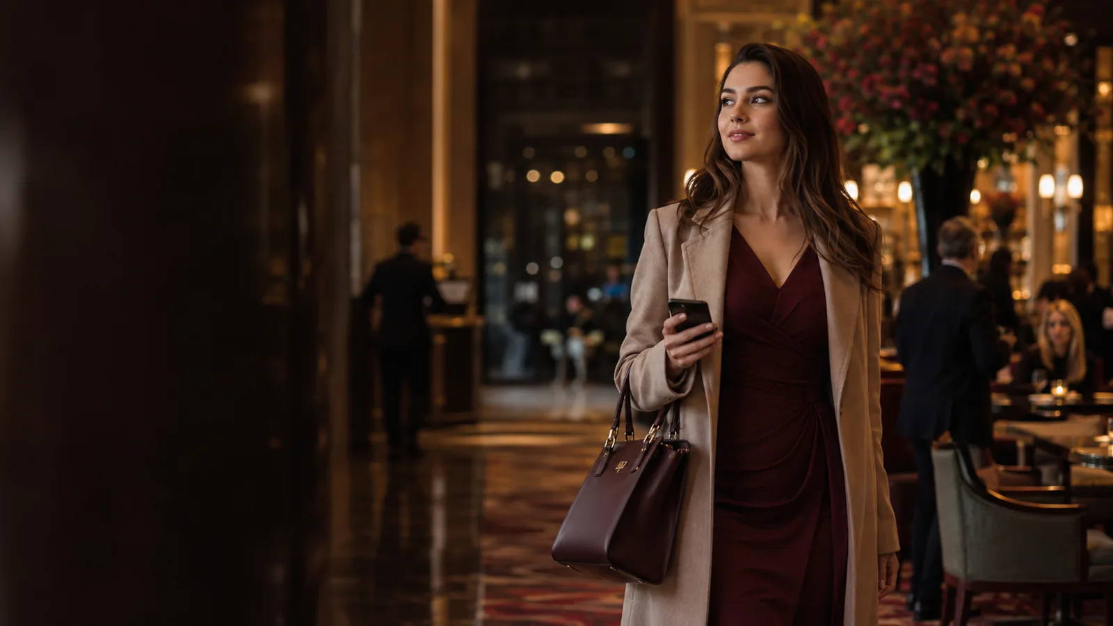 A woman arriving at an elegant public hotel cafe