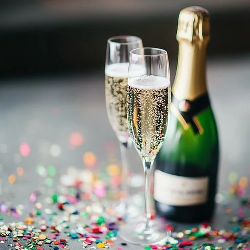 Two champagne flutes beside a bottle