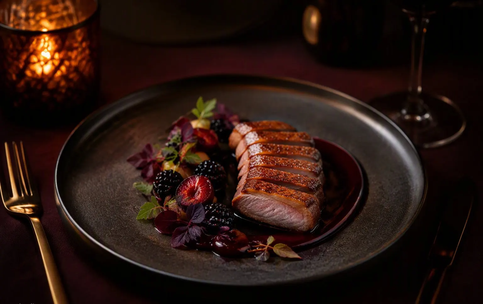 A candlelit gourmet dish at a fine restaurant