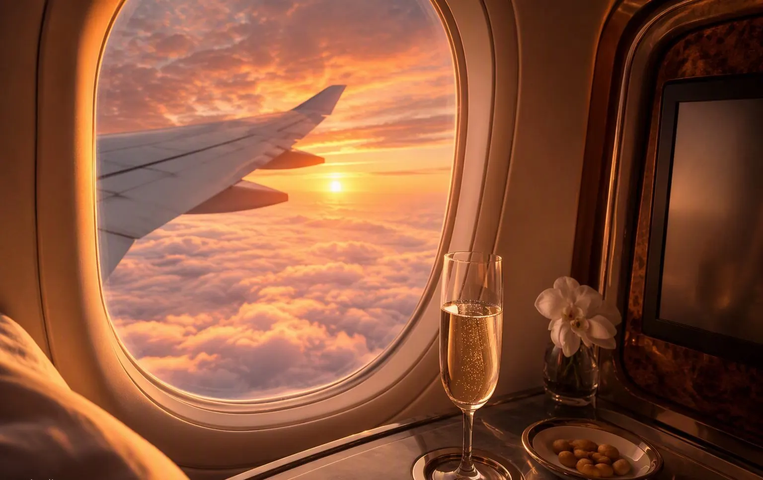 A golden-hour view from a first-class airplane window