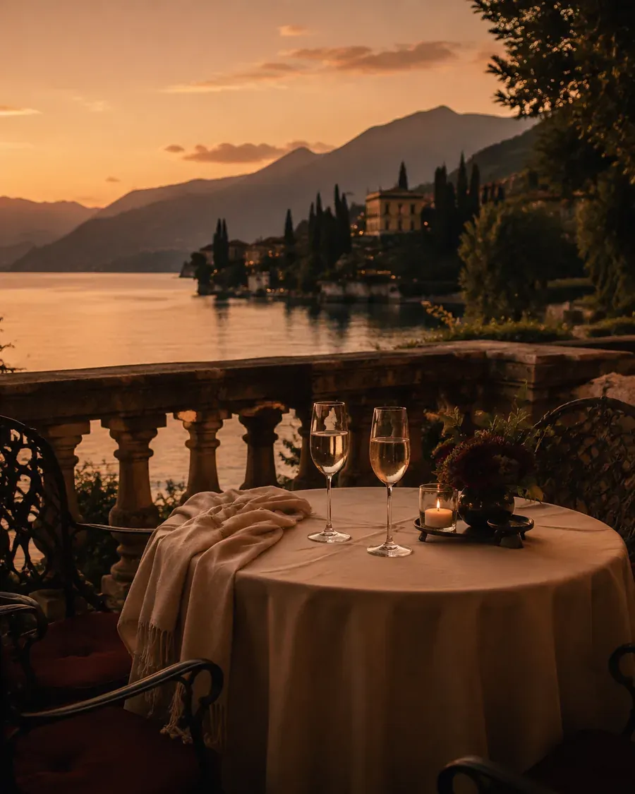 A private lakeside terrace at sunset