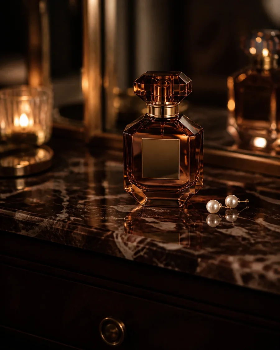 A faceted amber perfume bottle on a burgundy marble vanity