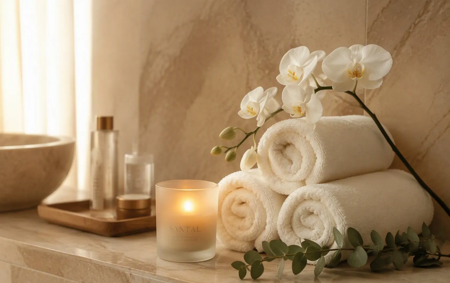 Rolled towels and orchids for a spa-day wishlist