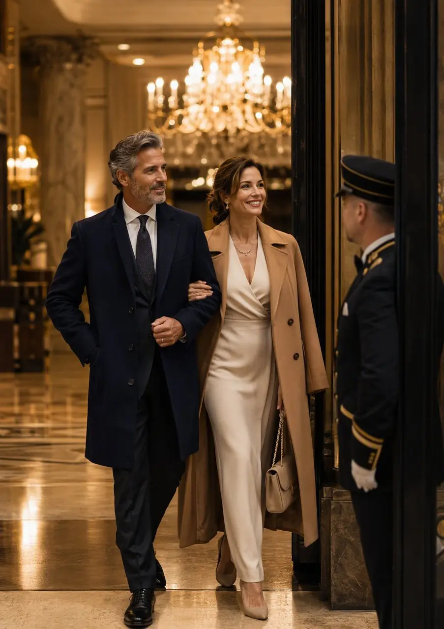 An elegant couple arriving at a grand hotel lobby beneath a chandelier